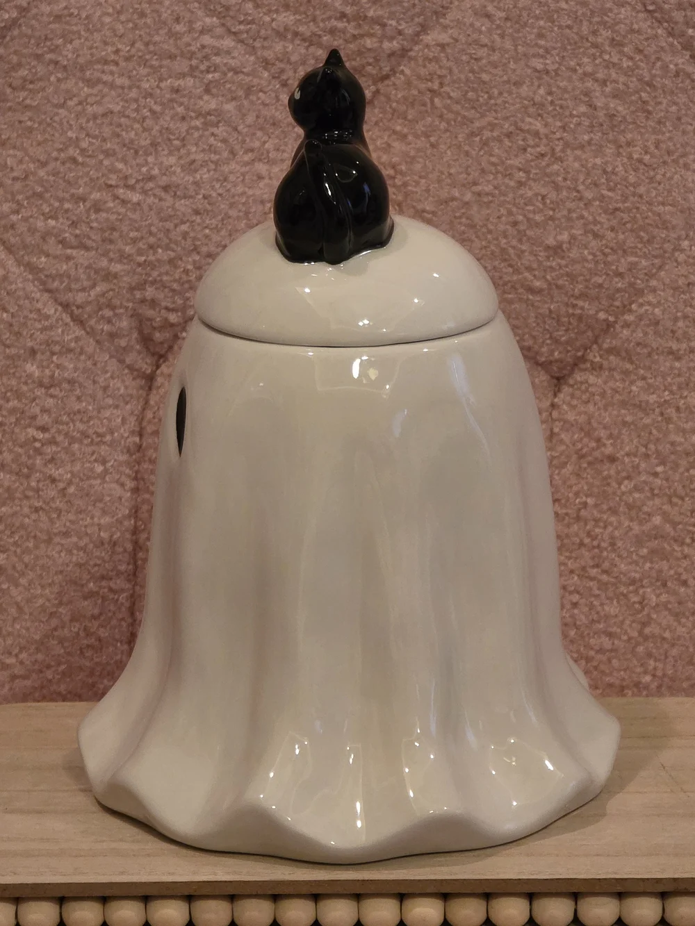 Ceramic White Ghost Cookie Jar with Black Cat Lid